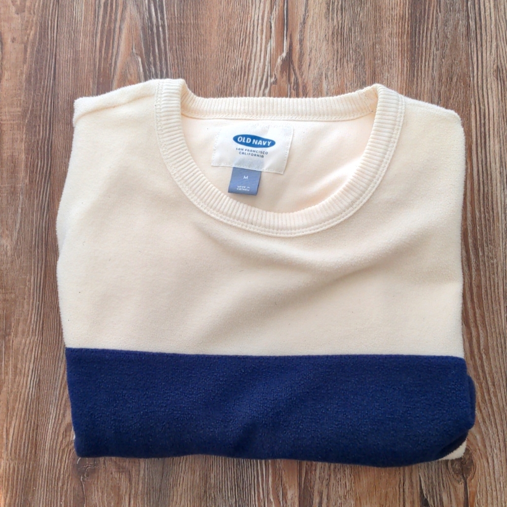 Old Navy Men's Crew neck Beige Navy Stripe Cotton Fleece Sweater